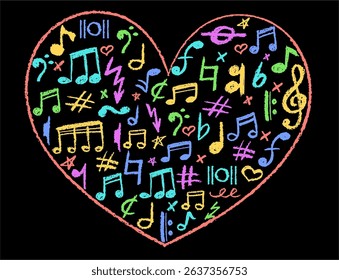 Heart shape filled with musical icons set. Charcoal stamp texture, cute underline symbols, and kindergarten color. Colorful music note, lightning and love signs collection. Vector card illustration
