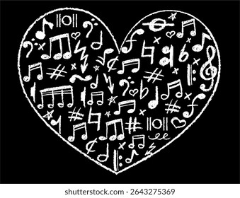 Heart shape filled with musical icons set. Charcoal stamp texture, cute underline symbols for kindergarten or school. White music note, lightning and love signs collection. Vector card illustration