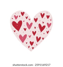 Heart shape filled with red and pink hearts, hand-drawn style, white background, symbolizing love and romance. Valentine's day, wedding illustration.