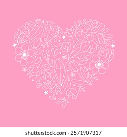 Heart shape filled with white botanical plant motifs, ornaments, flowers and branches. Happy Valentine's Day and Mother's Day greeting card. Vector illustration isolated on pink background. 