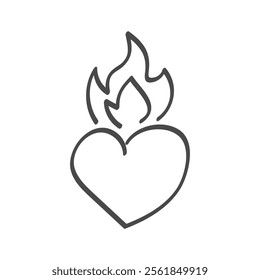 Heart shape with fire line icon. Decorative doodle illustration about love and passion. Vector on white background