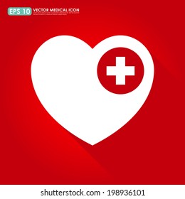 Heart shape with first aid sign on red background -  medical vector icon