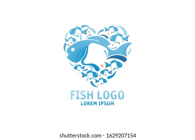 Heart shape fish logo design. Template for seafood restaurant, shop and sushi bar. Flat vector illustration EPS 10