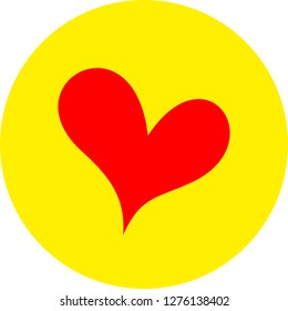 Heart shape flat color icon in round outline. Romantic love symbol. Yellow circle button with a red heart. Vector illustration for your social media app design project and other.