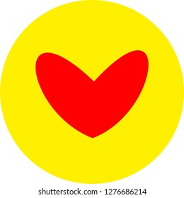 Heart shape flat color icon in round outline. Romantic love symbol. Yellow circle button with a red heart. Vector illustration for your social media app design project and other.