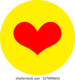 Heart shape flat color icon in round outline. Romantic love symbol. Yellow circle button with a red heart. Vector illustration for your social media app design project and other.