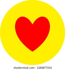 Heart shape flat color icon in round outline. Romantic love symbol. Yellow circle button with a red heart. Vector illustration for your social media app design project and other.