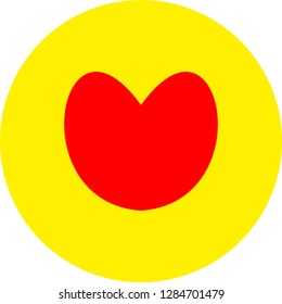 Heart shape flat color icon in round outline. Romantic love symbol. Yellow circle button with a red heart. Vector illustration for your social media app design project and other.