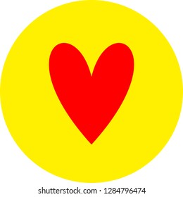 Heart shape flat color icon in round outline. Romantic love symbol. Yellow circle button with a red heart. Vector illustration for your social media app design project and other.