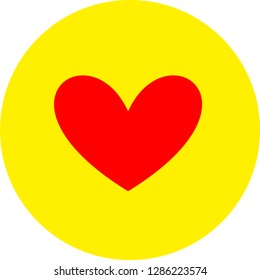 Heart shape flat color icon in round outline. Romantic love symbol. Yellow circle button with a red heart. Vector illustration for your social media app design project and other.