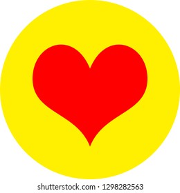 Heart shape flat color icon in round outline. Romantic love symbol. Yellow circle button with a red heart. Vector illustration for your social media app design project and other.