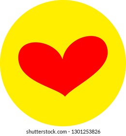 Heart shape flat color icon in round outline. Romantic love symbol. Yellow circle button with a red heart. Vector illustration for your social media app design project and other.