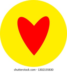 Heart shape flat color icon in round outline. Romantic love symbol. Yellow circle button with a red heart. Vector illustration for your social media app design project and other.