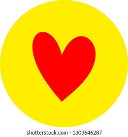 Heart shape flat color icon in round outline. Romantic love symbol. Yellow circle button with a red heart. Vector illustration for your social media app design project and other.
