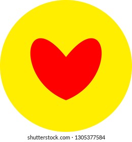 Heart shape flat color icon in round outline. Romantic love symbol. Yellow circle button with a red heart. Vector illustration for your social media app design project and other.