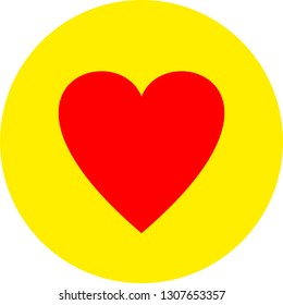 Heart shape flat color icon in round outline. Romantic love symbol. Yellow circle button with a red heart. Vector illustration for your social media app design project and other.