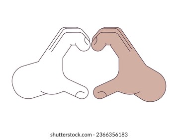 Heart shape flat line color isolated vector hand. Love gesture. Multinational hands. Editable clip art image on white background. Simple outline cartoon spot illustration for web design