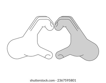 Heart shape flat monochrome isolated vector hands. Love gesture. Multinational hands. Editable black and white line art drawing. Simple outline spot illustration for web graphic design