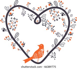 forma cardiaca floral y pájaro