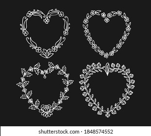 Heart shape floral decoration. Four different shape of flower and leaves vector art illustrations.