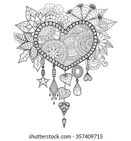Heart shape floral dream catcher for coloring book for adult
