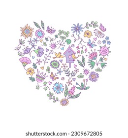 Herzform mit floralen Elementen. Vektorfarbige Illustration einzeln im Doodle-Stil.