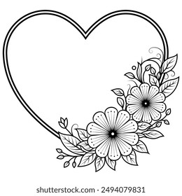 Corazón forma floral marco para colorear página
