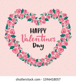 Heart shape floral frame with roses flowers and happy Valentine's Day greeting lettering card on textured pink background. Valentines day poster,banner, card floral decoration in scandinavian hand dr