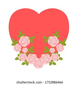 Heart shape with floral ornament. Rose design with red heart for wedding. Icon of love. Valentine's Day Theme. Flat design. Botanical illustration.
