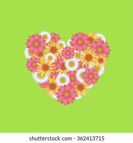 Heart shape from flower blossoms. Spring flowers, daisies, camomilles. Valentine's day card.  Vector illustration.