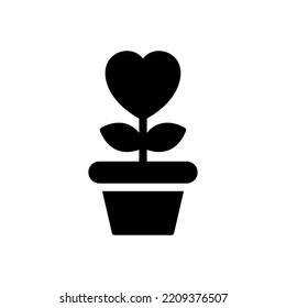 Heart Shape Flower In Pot With Leaf Silhouette Icon. Charity, Love And Romance Symbol Pictogram. Bloom Plant Grow In Flowerpot Black Icon. Isolated Vector Illustration.