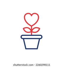 Flor de forma cardíaca en la olla con icono de la línea de hoja. Pictograma lineal con símbolo de caridad, amor y romance. Planta de florecimiento en un icono de contorno de maceta. Stroke editable. Ilustración de vectores aislados.