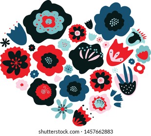 Heart shape with flowers. Beautiful Scandinavia floral background. Good for card, greeting, invitation, wedding, party, hen-party, baby shower, mother's day, valentine. Vector hand draw illustration