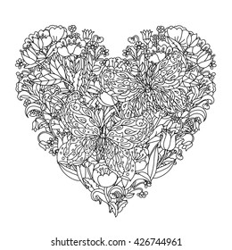 heart shape flowers and butterfly for adult coloring book in famous zen art therapy antistress style. Hand-drawn, retro, doodle, vector, mandala style, uncoloured for coloring book or poster design