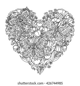 heart shape flowers and butterfly for adult coloring book in famous zen art therapy antistress style. Hand-drawn, retro, doodle, vector, mandala style, uncoloured for coloring book or poster design