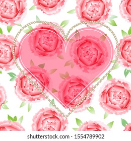 Heart shape and Flowers - card with copy space. Pink Peony.