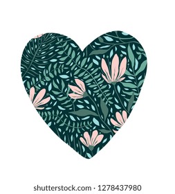 Heart shape flowers on dark background. Heart design with blooming flowers heart shape.