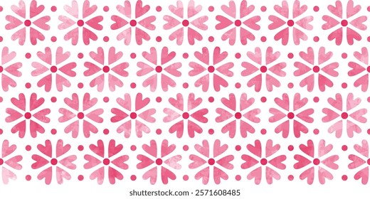 Heart shape flowers seamless vector pattern. Floral and polka dot geometric spring girly print. Cherry blossom cute background