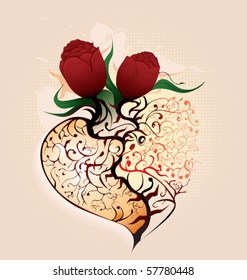 Heart shape with flowers. Two different sides of heart. Separated by thorns of flowers. (fully editable layers)