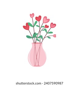 Flores de forma cardíaca en un florero de ilustración vectorial plana aislada en fondo blanco. Elemento para el concepto del día de San Valentín. Dibujo de dibujos animados con dibujos animados. Feliz Día de San Valentín.