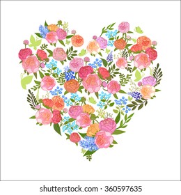 A heart shape form with flowers, showing love. Vector illustration