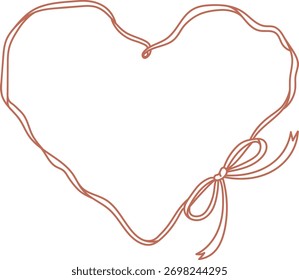 Uma forma de coração formada por uma linha de fita contínua com um arco no canto inferior direito. A faixa de opções cria um contorno fluente, adicionando elegância e simplicidade. Ilustração de vetor de desenhos animados.