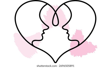 Forma de corazón formada por siluetas faciales entrelazadas con pinceladas de una sola línea