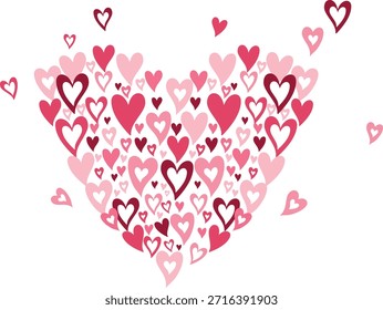 Heart shape formed by multiple pink and red hearts on white background