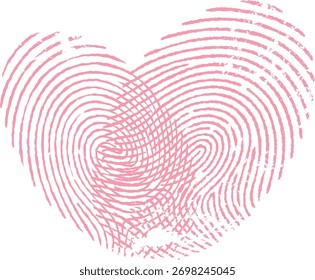A heart shape formed by overlapping fingerprint lines in a detailed vector style. The intricate pattern creates a unique design with swirling lines and textures. Cartoon vector illustration.