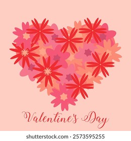 A heart shape formed by red and pink flowers symbolizing love Valentine's Day written in festive font The floral heart adds a creative romantic touch to the design