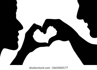 Una forma de corazón está formada por las siluetas de dos manos sobre un fondo blanco limpio, que representa la unidad, el amor y la asociación