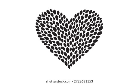 Forma de corazón formada por Pequeñas hojas negras sobre fondo blanco