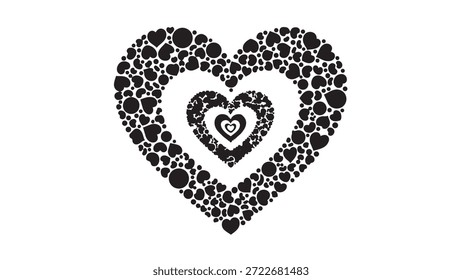 Forma de corazón formada por Pequeños círculos negros sobre fondo blanco