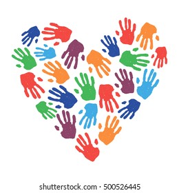 Heart shape formed with colorful hand prints. Kids hand prints. Preschool / primary school design element. Vector illustration isolated on white.